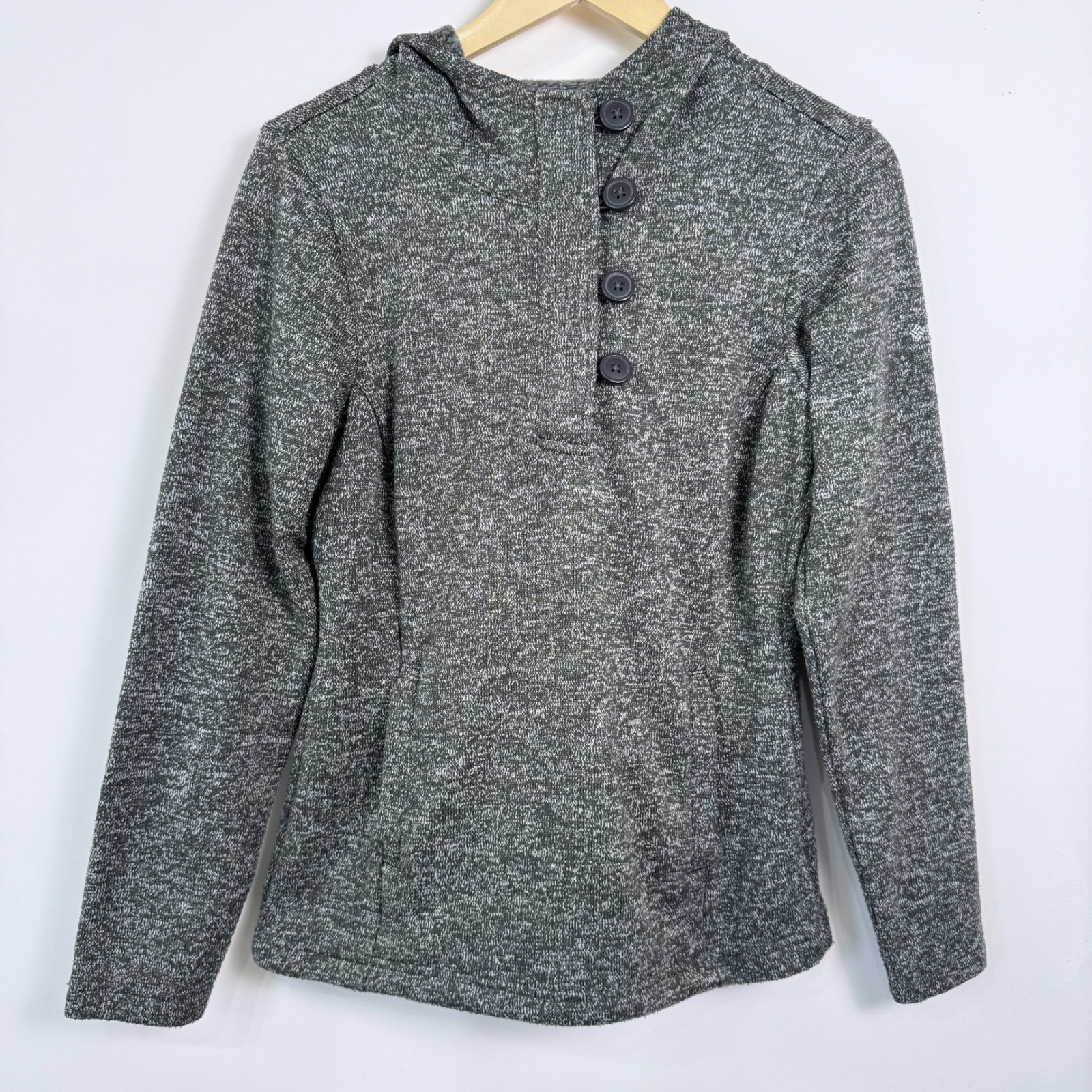 Columbia Fleece Pullover Hoodie Women's Small Heathered Gray Green 4 Button